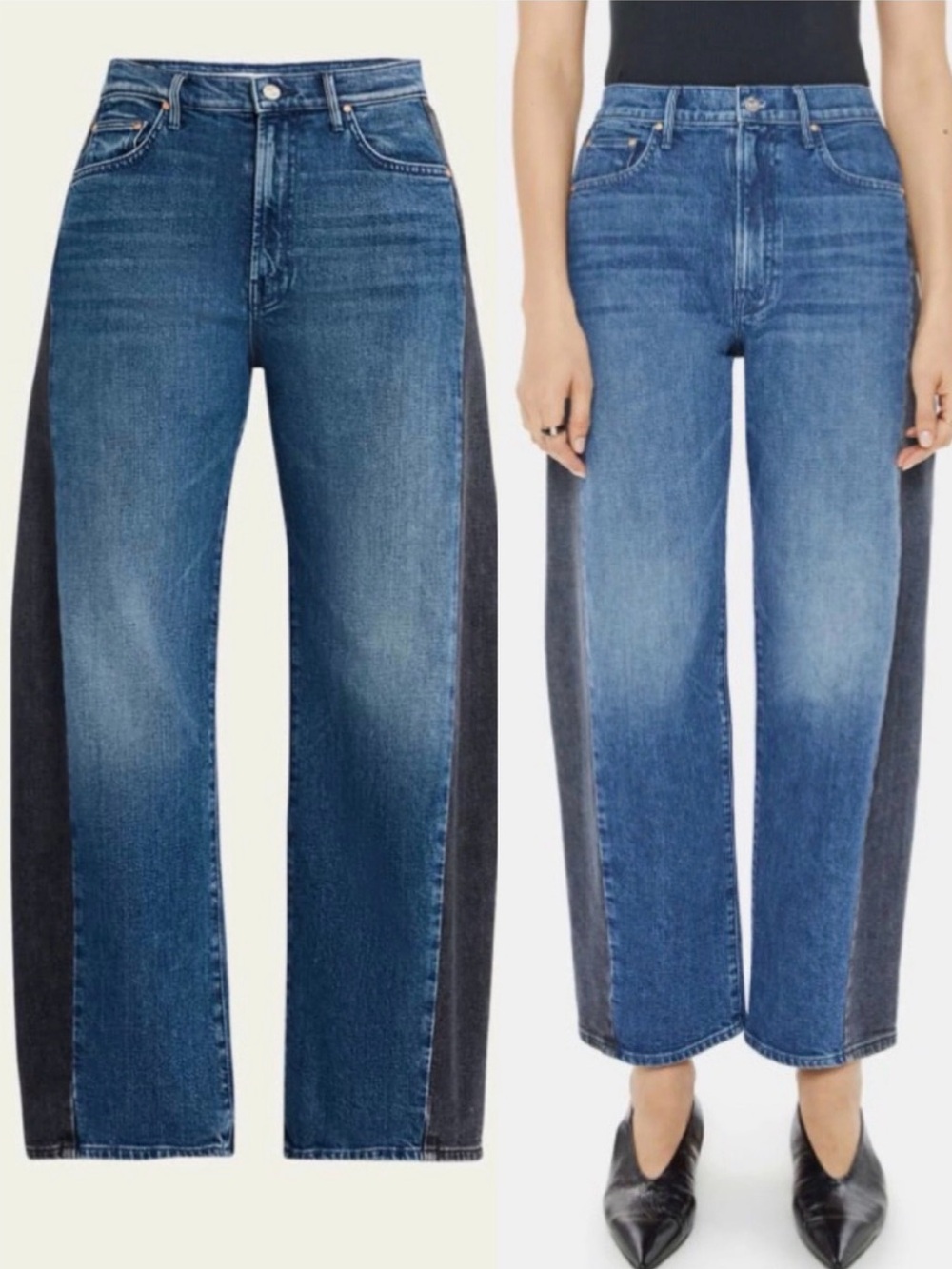 MOTHER The Half-Pipe Flood Jeans Two-Tone Wide Barrel Leg Black Blue EUC